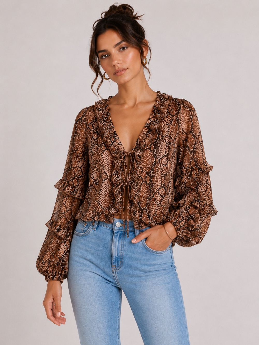 Rachel Zoe Snake Print Ruffle Blouse Lace Up Front M